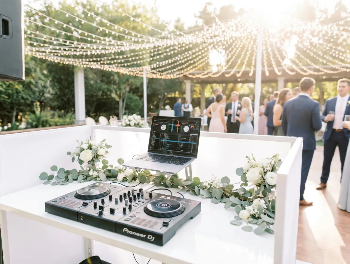 Wedding DJ booth set up at an outdoor reception with fairy lights and guests mingling